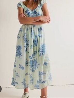 Free People Forget Me Not Midi Dress with Blue Floral Print